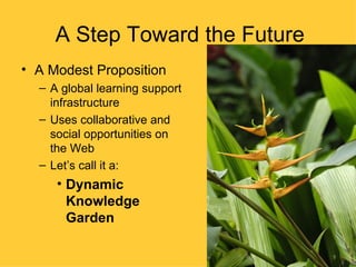 A Step Toward the Future
• A Modest Proposition
  – A global learning support
    infrastructure
  – Uses collaborative and
    social opportunities on
    the Web
  – Let’s call it a:
     • Dynamic
       Knowledge
       Garden
 