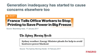Generation inadequacy has started to cause
concerns elsewhere too
Source: Bloomberg news, 17 January 2017
Source: The Sydney Morning Herald, 10 February 2017
 