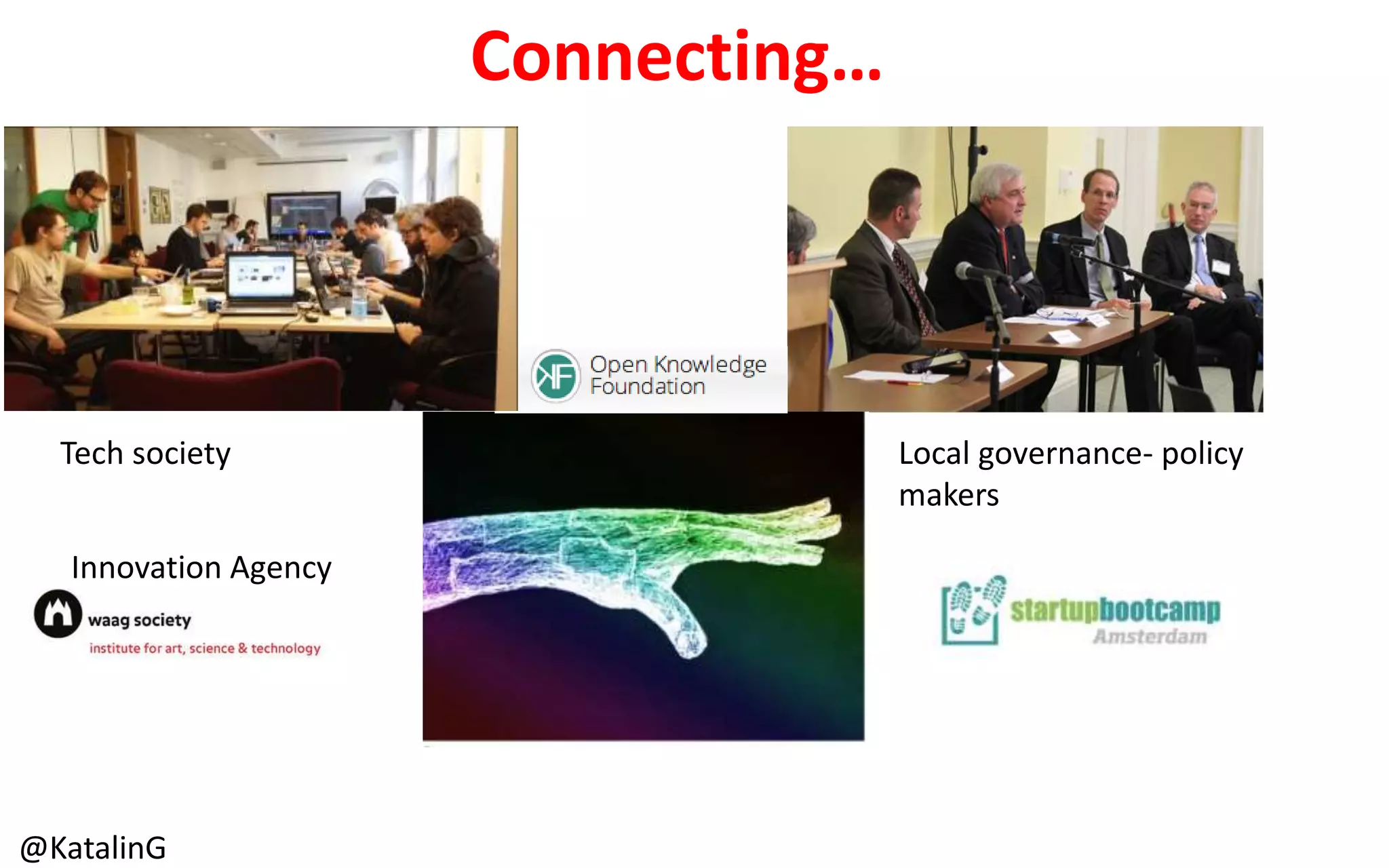 Brokering ….
@KatalinG
Tech society Local governance- policy
makers
Innovation Agency
Connecting…
 