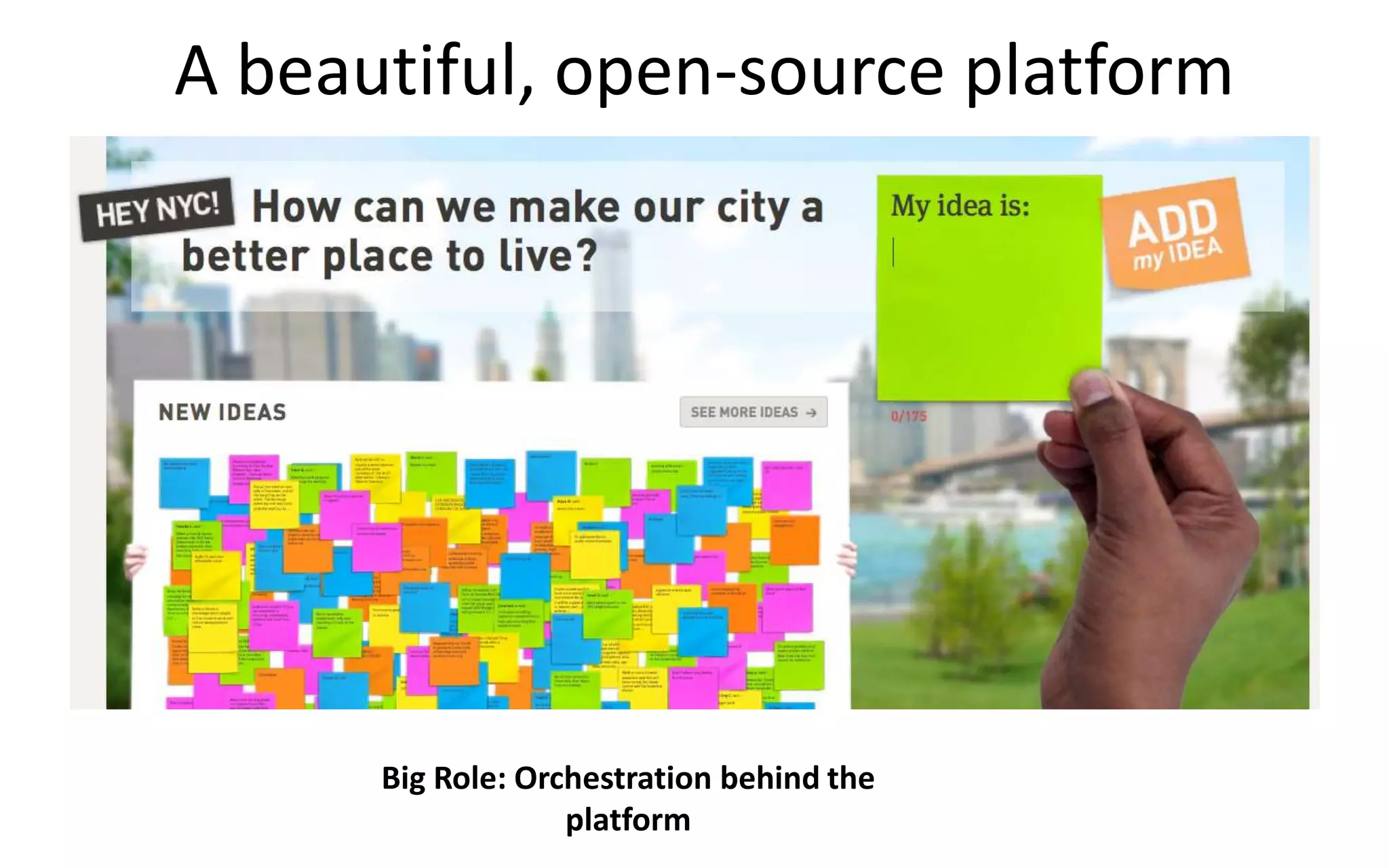 A beautiful, open-source platform
Big Role: Orchestration behind the
platform
 
