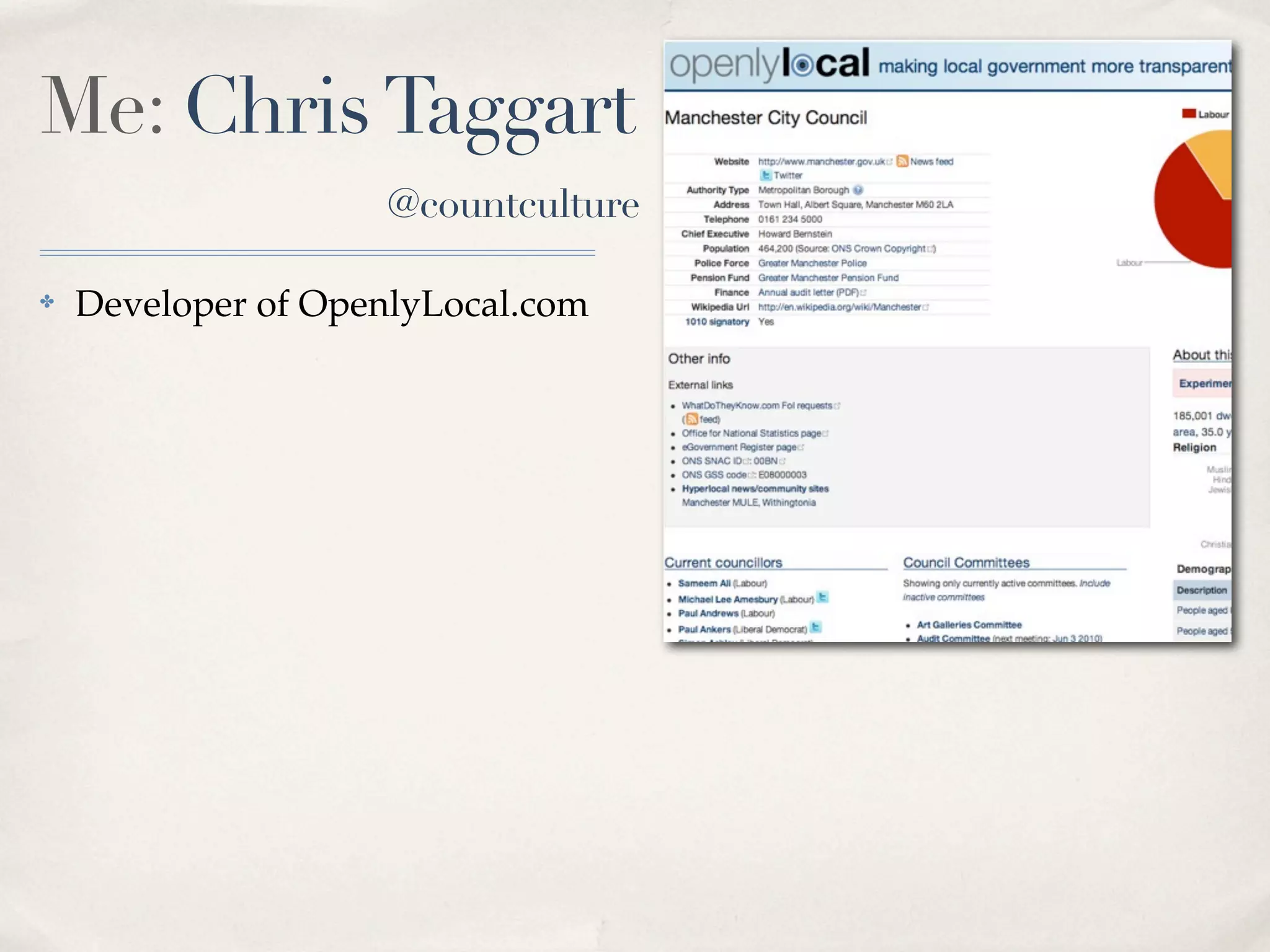 Me: Chris Taggart
                    @countculture

✤   Developer of OpenlyLocal.com
 