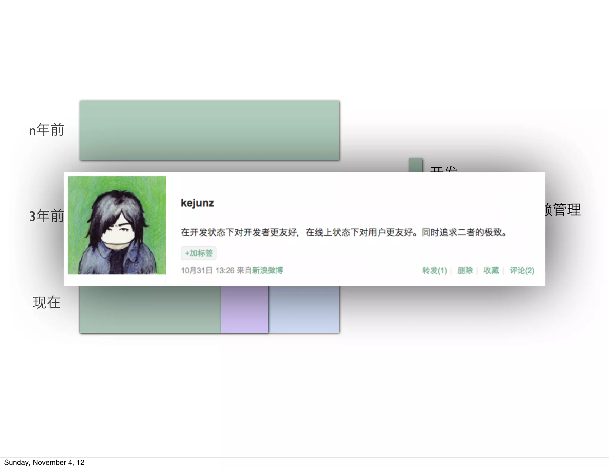 n年前


                          发


      3年前                前端按需加载&依赖管理

                         静态文件构建


       现在




Sunday, November 4, 12
 