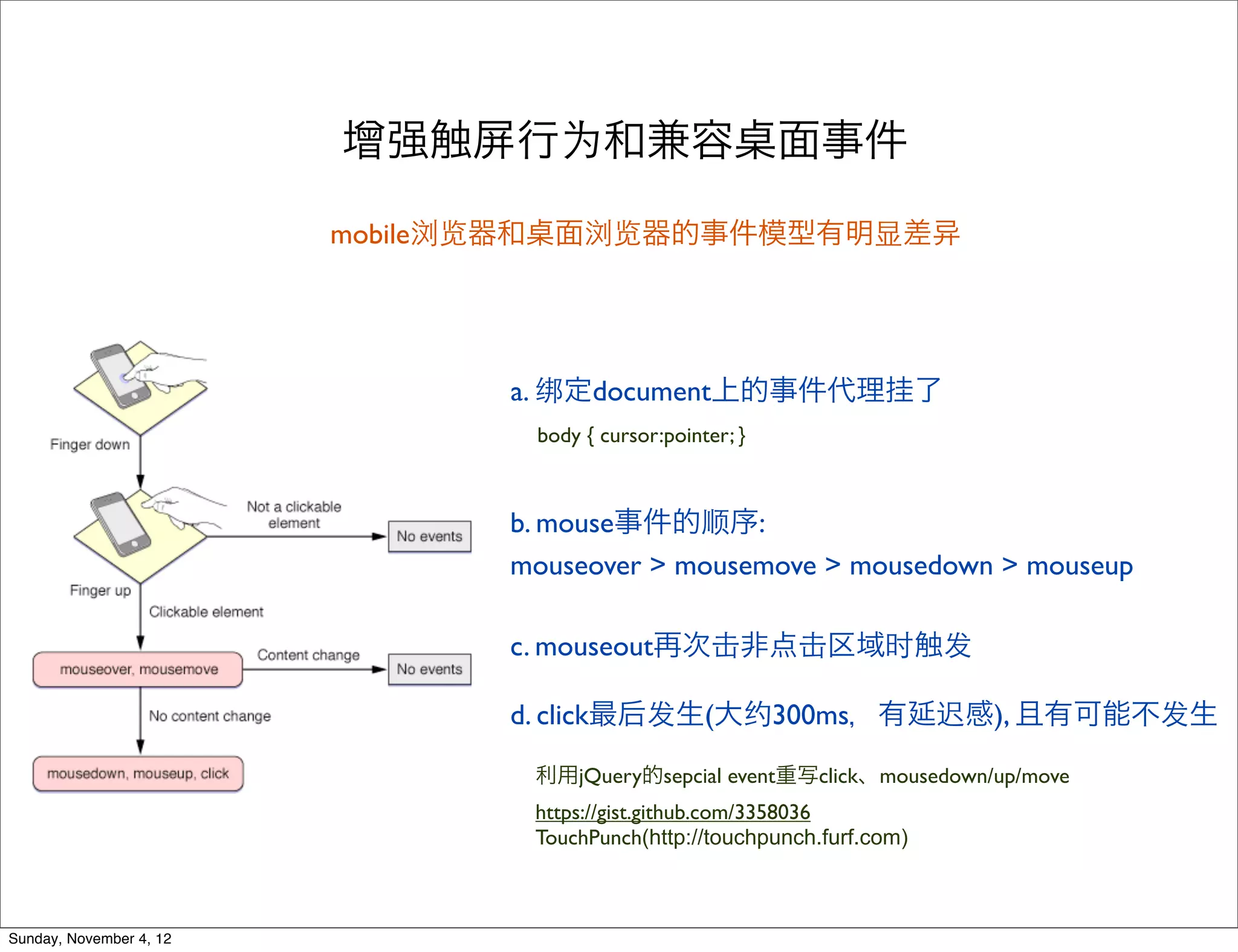 增强触屏行为和兼容                               面事件

                         mobile浏览器和     面浏览器的事件模型有明显差




                                  a. 绑定document上的事件代理挂了
                                      body { cursor:pointer; }



                                  b. mouse事件的顺序:
                                  mouseover > mousemove > mousedown > mouseup

                                  c. mouseout再次击非点击区域时触发

                                  d. click最后发生(大约300ms，有延迟感), 且有可能不发生

                                      利用jQuery的sepcial event重写click、mousedown/up/move
                                      https://gist.github.com/3358036
                                      TouchPunch(http://touchpunch.furf.com)



Sunday, November 4, 12
 