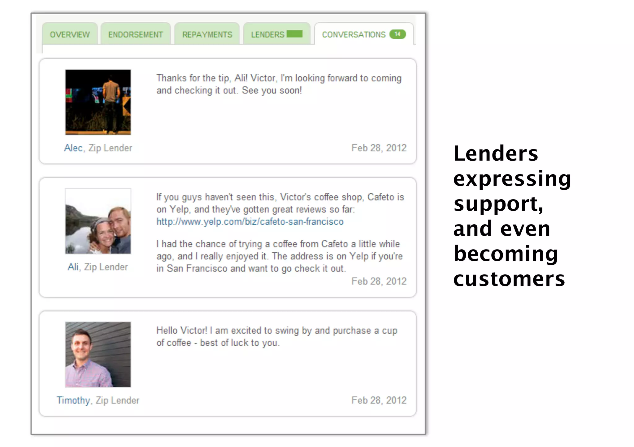 Lenders
expressing
support,
and even
becoming
customers
 
