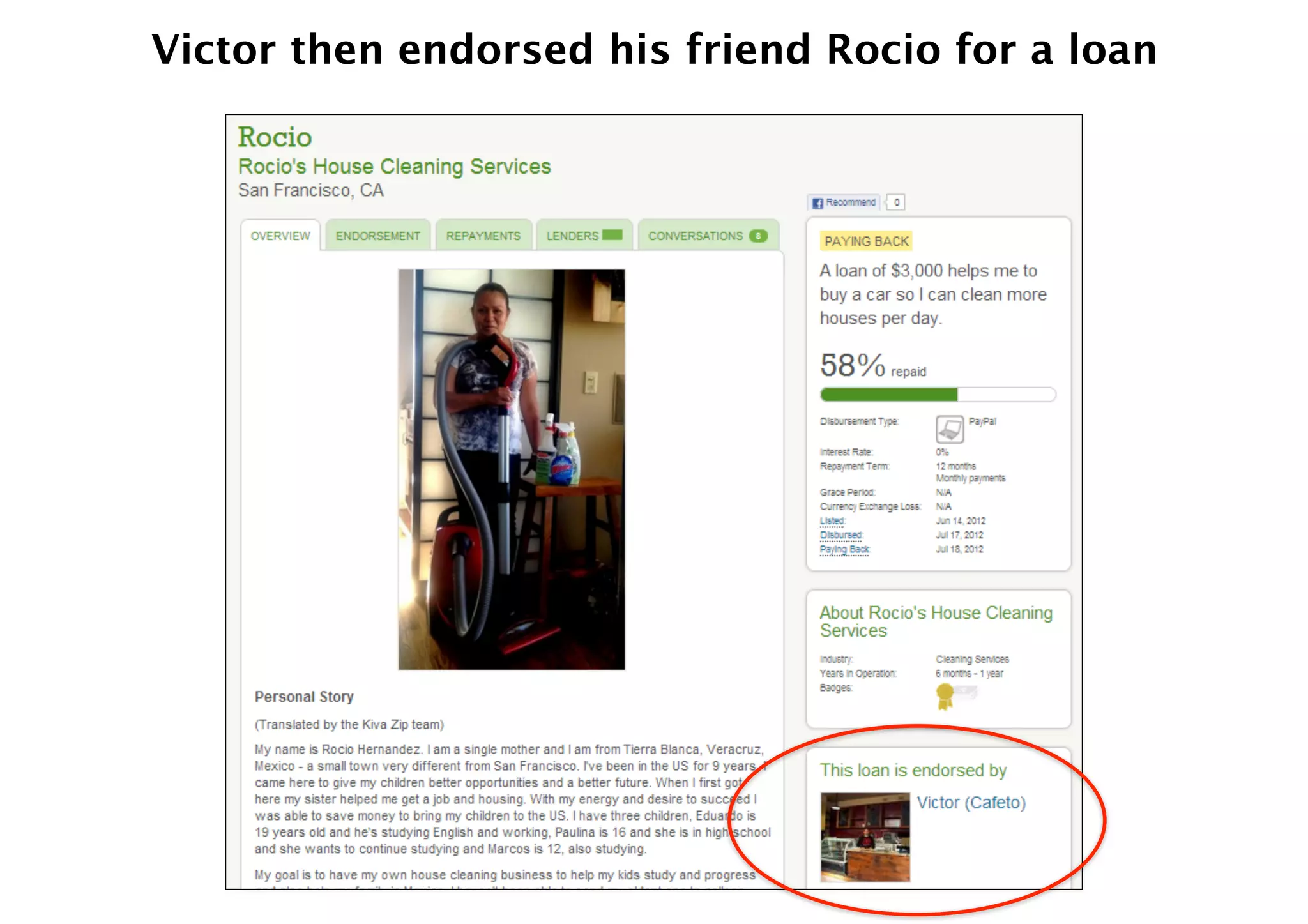 Victor then endorsed his friend Rocio for a loan
 