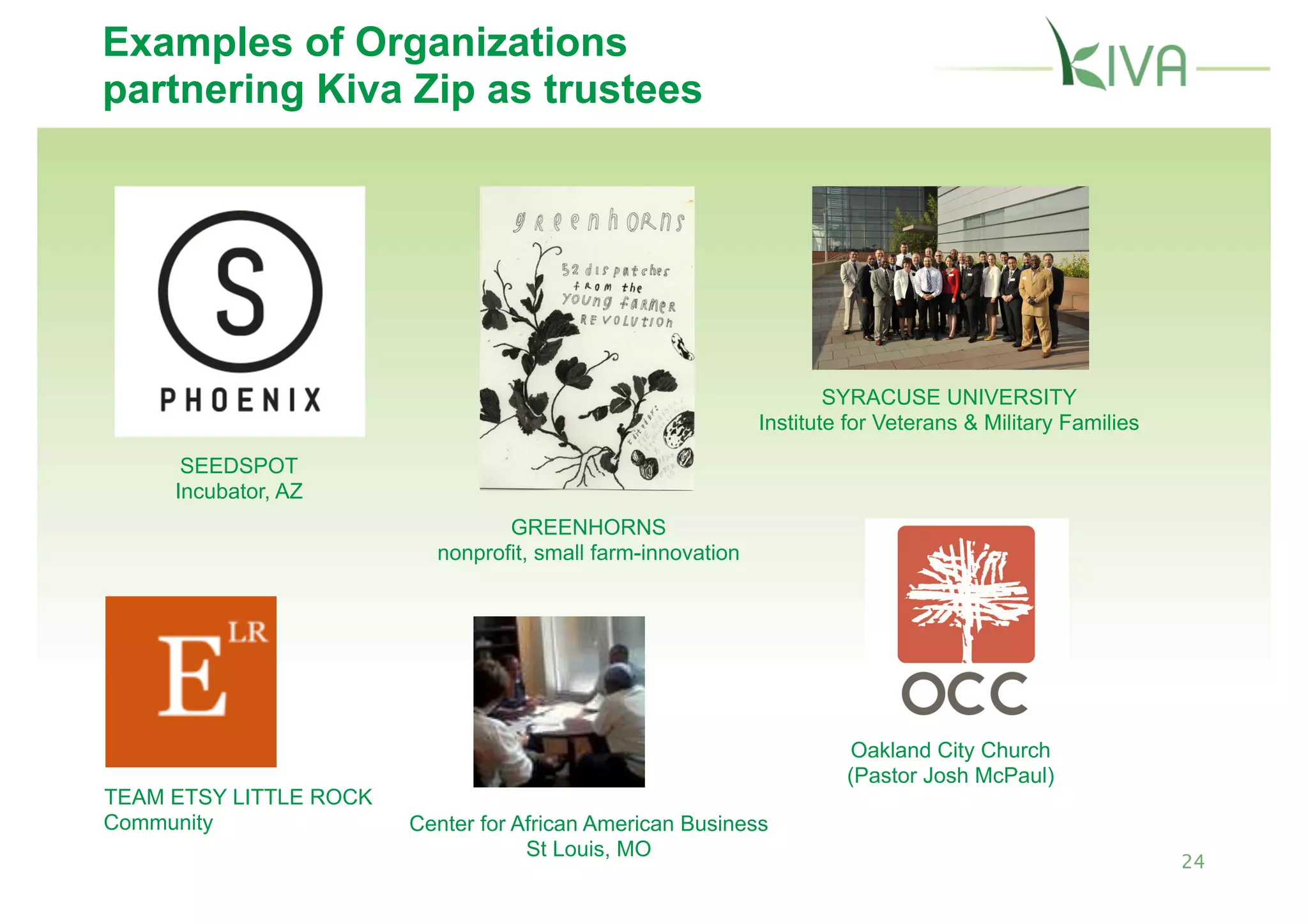 Examples of Organizations
partnering Kiva Zip as trustees




                                                                     SYRACUSE UNIVERSITY
                                                             Institute for Veterans & Military Families

      SEEDSPOT
     Incubator, AZ
                                 GREENHORNS
                          nonprofit, small farm-innovation




                                                                      Oakland City Church
                                                                      (Pastor Josh McPaul)
TEAM ETSY LITTLE ROCK
Community               Center for African American Business
                                    St Louis, MO
                                                                                                          24
 