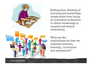 Shifting from thinking of 
learning and knowledge 
construction from being 
an individual endeavour, 
to where knowledge is 
created and owned 
collectively. 
What are the 
implications for how we 
organise learners, 
learning, curriculum 
and assessment? 
 