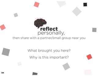 04
What brought you here?
Why is this important?
reﬂect
personally,
then share with a partner/small group near you
 