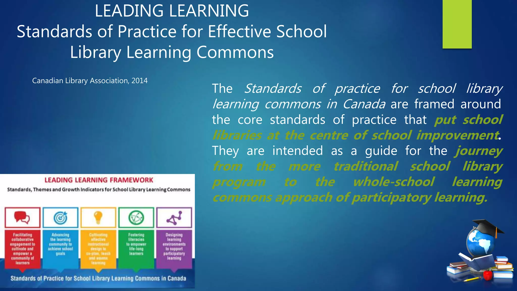 LEADING LEARNING
Standards of Practice for Effective School
Library Learning Commons
Canadian Library Association, 2014
The Standards of practice for school library
learning commons in Canada are framed around
the core standards of practice that put school
libraries at the centre of school improvement.
They are intended as a guide for the journey
from the more traditional school library
program to the whole-school learning
commons approach of participatory learning.
 