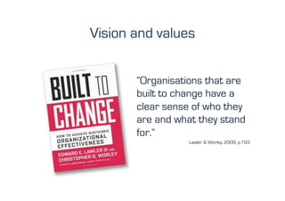 Vision and values


       “Organisations that are
       built to change have a
       clear sense of who they
       are and what they stand
       for.”
                  Lawler & Worley, 2009, p.193
 