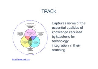 TPACK

                                Captures some of the
                                essential qualities of
                                knowledge required
                                by teachers for
                                technology
                                integration in their
                                teaching.

h"p://www.tpck.org	
  	
  
 