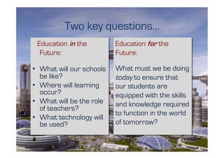 Two key questions…
 Education in the          Education for the
  Future:                  Future:

•  What will our schools   What must we be doing
   be like?                today to ensure that
•  Where will learning     our students are
   occur?                  equipped with the skills
•  What will be the role   and knowledge required
   of teachers?
                           to function in the world
•  What technology will
   be used?                of tomorrow?
 