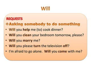 you me (to) cook dinner?
you your bedroom tomorrow, please?
you me?
you please the television ?
• I’m afraid to go alone. you with me?
 