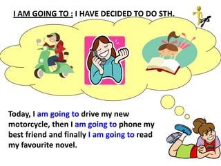 I AM GOING TO : I HAVE DECIDED TO DO STH.




Today, I am going to drive my new
motorcycle, then I am going to phone my
best friend and finally I am going to read
my favourite novel.
 