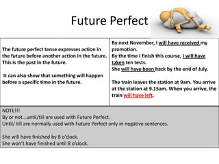 Future Perfect
                                                By next November, I will have received my
The future perfect tense expresses action in    promotion.
the future before another action in the future. By the time I finish this course, I will have
This is the past in the future.                 taken ten tests.
                                                She will have been back by the end of July.
 It can also show that something will happen
before a specific time in the future.           The train leaves the station at 9am. You arrive
                                                at the station at 9.15am. When you arrive, the
                                                train will have left.

NOTE!!!
By or not...until/till are used with Future Perfect.
Until/ till are normally used with Future Perfect only in negative sentences.

She will have finished by 8 o’clock.
She won’t have finished until 8 o’clock.
 