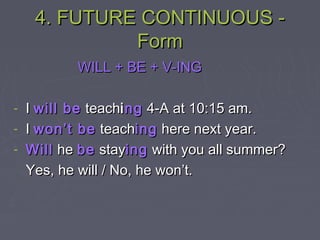 4. FUTURE CONTINUOUS -4. FUTURE CONTINUOUS -
FormForm
WILL + BE + V-INGWILL + BE + V-ING
- II will bewill be teachteachiingng 4-A at 10:15 am.4-A at 10:15 am.
- II won’t bewon’t be teachteachinging here next year.here next year.
- WillWill hehe bebe staystayinging with you all summer?with you all summer?
Yes, he will / No, he won’t.Yes, he will / No, he won’t.
 