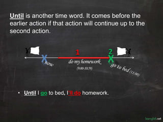 Until is another time word. It comes before the
earlier action if that action will continue up to the
second action.
X Xdomyhomework
(9:00-10:59)
1 2past future
• Until I go to bed, I’ll do homework.
 