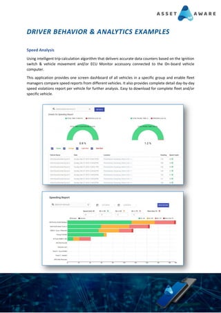 DRIVER BEHAVIOR & ANALYTICS EXAMPLES
Speed Analysis
Using intelligent trip calculation algorithm that delivers accurate data counters based on the Ignition
switch & vehicle movement and/or ECU Monitor accessory connected to the On-board vehicle
computer.
This application provides one screen dashboard of all vehicles in a specific group and enable fleet
managers compare speed reports from different vehicles. It also provides complete detail day-by-day
speed violations report per vehicle for further analysis. Easy to download for complete fleet and/or
specific vehicle.
 
