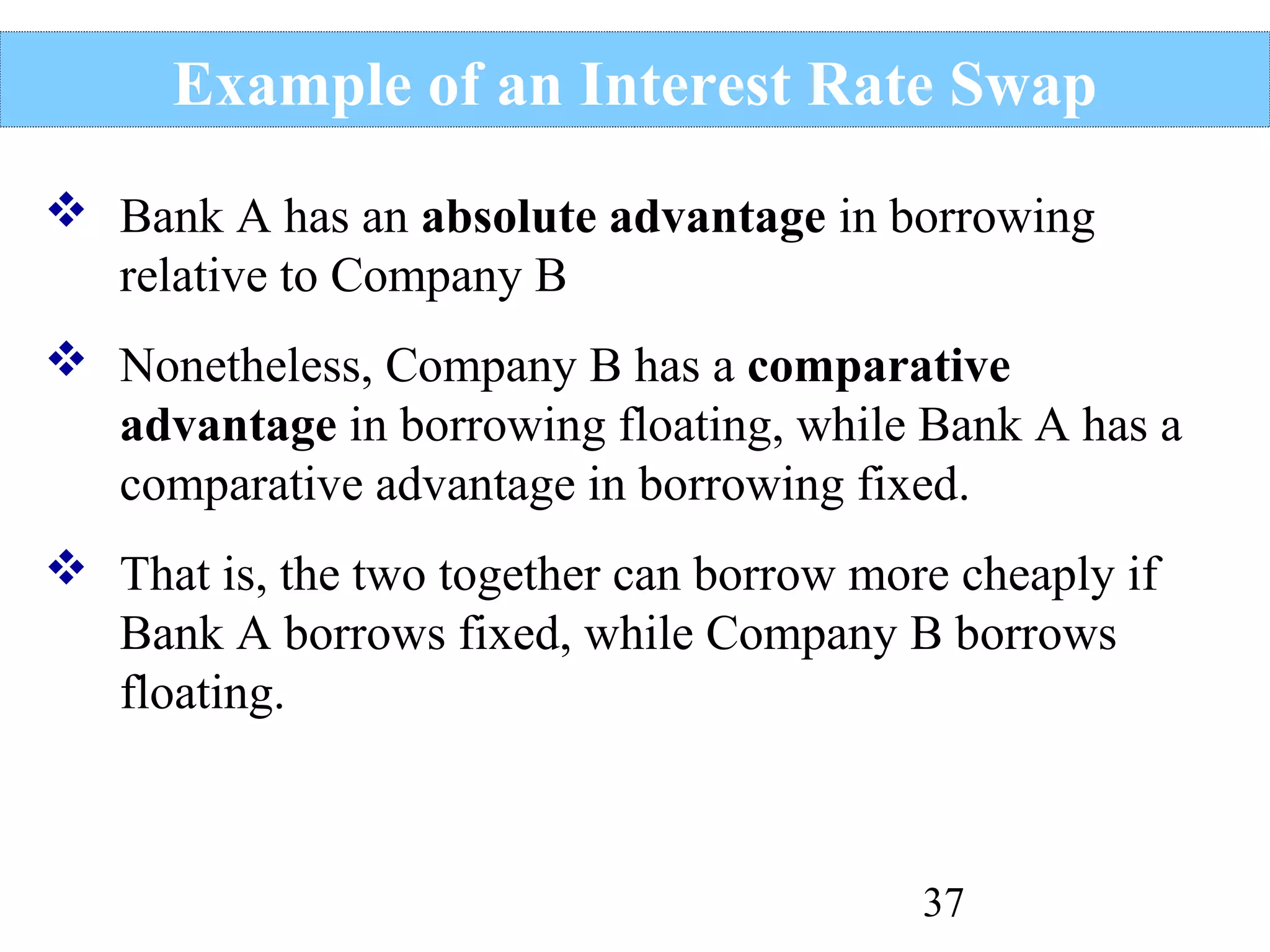 Example of an Interest Rate Swap
 Bank A has an absolute advantage in borrowing
relative to Company B
 Nonetheless, Company B has a comparative
advantage in borrowing floating, while Bank A has a
comparative advantage in borrowing fixed.
 That is, the two together can borrow more cheaply if
Bank A borrows fixed, while Company B borrows
floating.

37

 