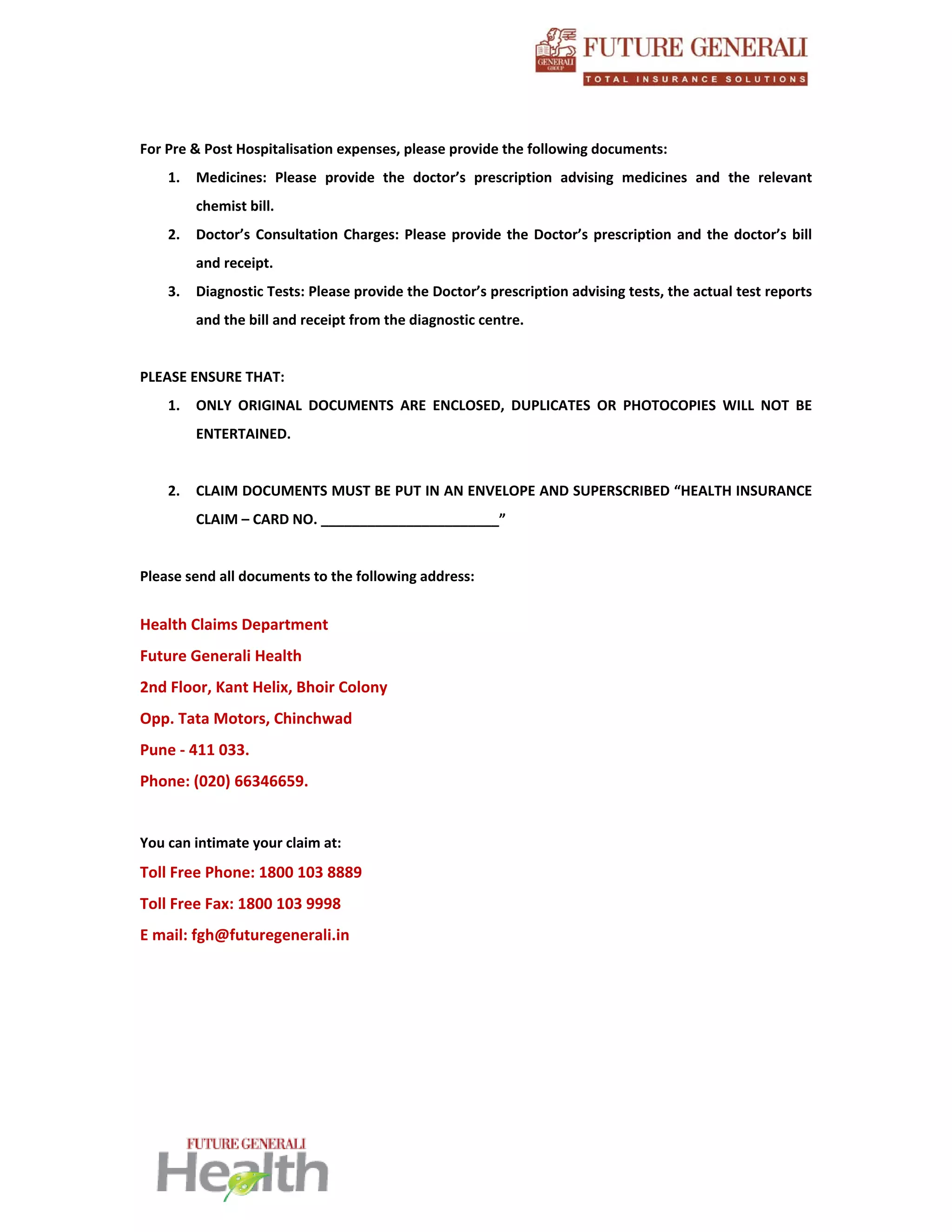 Future generali checklist for health claims | PDF