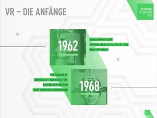SENSORAMA – DER
VIRTUAL-REALITY-AUTOMAT VON
MORTON HEILIG
THE SWORD OF
DAMOCLES – DAS ERSTE VR-
SYSTEM IM ENGEREN
SINN VON IVAN SUTHERLAND
VR – DIE ANFÄNGE
1962
1968
11
 