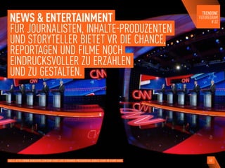 NEWS & ENTERTAINMENT
FÜR JOURNALISTEN, INHALTE-PRODUZENTEN
UND STORYTELLER BIETET VR DIE CHANCE,
REPORTAGEN UND FILME NOCH
EINDRUCKSVOLLER ZU ERZÄHLEN
UND ZU GESTALTEN.
QUELLE: HTTP://WWW.ROADTOVR.COM/SAW-FIRST-LIVE-STREAMED-PRESIDENTIAL-DEBATE-GEAR-VR-DIDNT-HATE 43
 