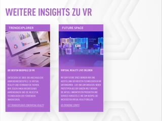 WEITERE INSIGHTS ZU VR
DIE BESTEN BEISPIELE ZU VR
ENTDECKEN SIE ÜBER 300 ANSCHAULICHE
ANWENDUNGSBEISPIELE ZU VIRTUAL
REALITY UND VERWANDTEN THEMEN.
WIR ZEIGEN IHNEN WEGWEISENDE
ANWENDUNGEN UND DIE NEUESTEN
TECHNOLOGIEN DER FÜHRENDEN
INNOVATOREN.
TRENDEXPLORER
GET.TRENDEXPLORER.COM/VIRTUAL-REALITY
VIRTUAL REALITY LIVE ERLEBEN
MIT DEM FUTURE SPACE BRINGEN WIR EINE
AUSSTELLUNG DER NEUSTEN TECHNOLOGIEN IN IHR
UNTERNEHMEN - LIVE UND ZUM ANFASSEN. NEBEN
PROTOTYPEN AUS DER GANZEN WELT WERDEN
DIE AKTUELL INNOVATIVSTEN PRODUKTEN UND
SERVICES VORGESTELLT, WIE ZUM BEISPIEL DIE
WICHTIGSTEN VIRTUAL REALITY BRILLEN.
FUTURE SPACE
GO.TRENDONE.COM/FS
 