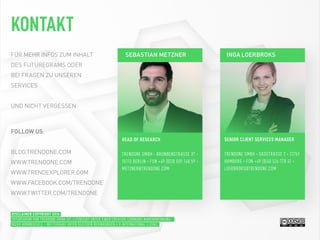 HEAD OF RESEARCH
TRENDONE GMBH · BRUNNENSTRASSE 37 ·
10115 BERLIN · FON +49 (0)30 509 148 59 ·
METZNER@TRENDONE.COM
SEBASTIAN METZNER
SENIOR CLIENT SERVICES MANAGER
TRENDONE GMBH · GASSTRASSE 2 · 22761
HAMBURG · FON +49 (0)40 526 778 41 ·
LOERBROKS@TRENDONE.COM
INGA LOERBROKS
KONTAKT
FOLLOW US:
BLOG.TRENDONE.COM
WWW.TRENDONE.COM
WWW.TRENDEXPLORER.COM
WWW.FACEBOOK.COM/TRENDONE
WWW.TWITTER.COM/TRENDONE
DISCLAIMER COPYRIGHT 2016
FUTUREGRAM VON TRENDONE GMBH IST LIZENZIERT UNTER EINER CREATIVE COMMONS NAMENSNENNUNG -
NICHT-KOMMERZIELL - WEITERGABE UNTER GLEICHEN BEDINGUNGEN 4.0 INTERNATIONAL LIZENZ.
FÜR MEHR INFOS ZUM INHALT
DES FUTUREGRAMS ODER
BEI FRAGEN ZU UNSEREN
SERVICES
UND NICHT VERGESSEN
 