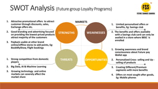 STRENGTHS WEAKNESSES
THREATS OPPORTUNITIES
1. Limited personalized offers or
benefits, Eg: Savings club
2. The benefits and offers available
with a Savings club card can only be
availed in a store where BBSC is
enrolled
1. Growing awareness and brand
consciousness about Future pay
Wallet app
2. Personalized Cross- selling and Up -
selling of products
3. Creating Different/Premium
segments with more benefits
4. Offers on most sought-after goods,
Eg: Mobile phones
1. Attractive promotional offers to attract
customer through discounts, sales,
Exchange offers etc.
2. Good branding and advertising focused
on providing the lowest-priced products
attract majority of the customers
3. Payback usable at other brand
online/offline stores to add points, Eg:
BookMyShow, Flight bookings
1. Strong competition from domestic
players
2. Big Data, AI & Machine Learning
3. Growing technology and online
markets can severely affect the
market share
MARKETS
SWOT Analysis (Future group Loyalty Programs)
 