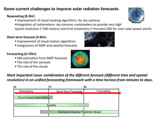 Nowcasting (0-3hr):
 Improvement of cloud tracking algorithms for sky cameras
Integration of radiometers+ sky cameras +c...