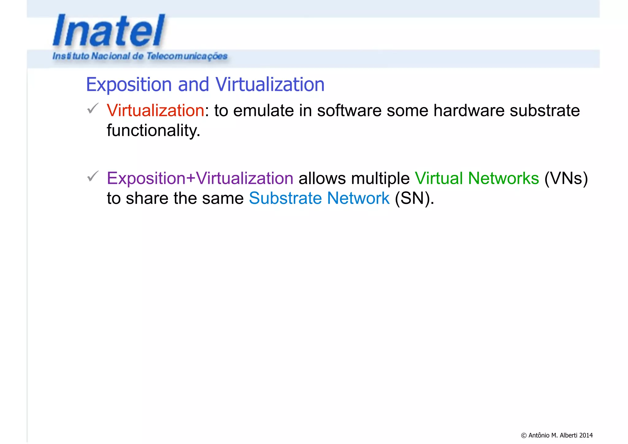 Exposition and Virtualization 
! Virtualization: to emulate in software some hardware substrate 
functionality. 
© Antônio M. Alberti 2014 
! 
! Exposition+Virtualization allows multiple Virtual Networks (VNs) 
to share the same Substrate Network (SN). 
 