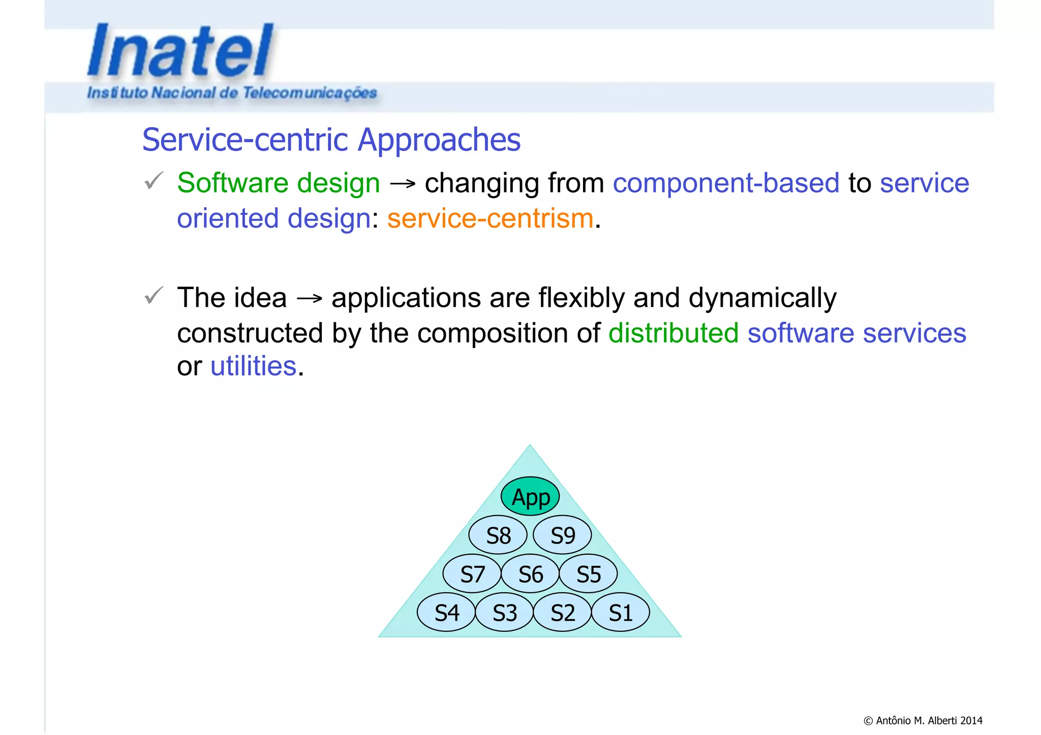 Service-centric Approaches 
! Software design → changing from component-based to service 
oriented design: service-centrism. 
© Antônio M. Alberti 2014 
! 
! The idea → applications are flexibly and dynamically 
constructed by the composition of distributed software services 
or utilities. 
App 
S8 S9 
S7 S6 S5 
S4 S3 S2 S1 
 