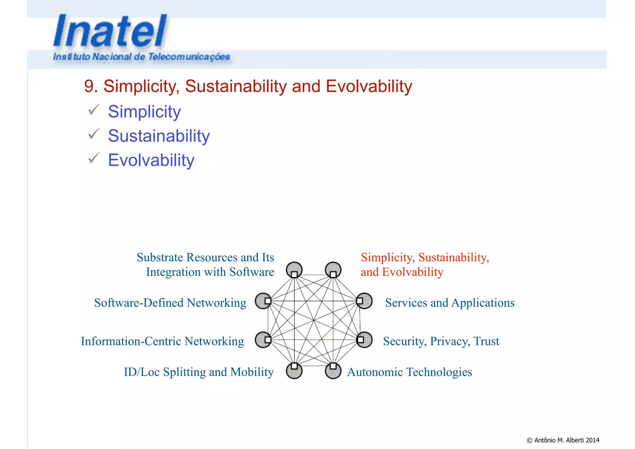 © Antônio M. Alberti 2014 
9. Simplicity, Sustainability and Evolvability 
! Simplicity 
! Sustainability 
! Evolvability 
Simplicity, Sustainability, 
and Evolvability 
Services and Applications 
Security, Privacy, Trust 
Autonomic Technologies 
Substrate Resources and Its 
Integration with Software 
Software-Defined Networking 
Information-Centric Networking 
ID/Loc Splitting and Mobility 
 