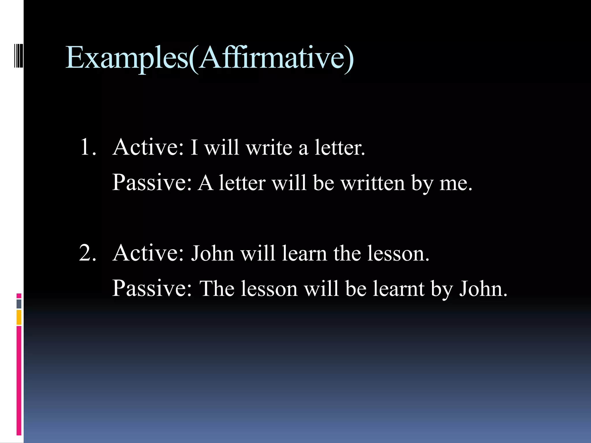 Examples(Affirmative)
1. Active: I will write a letter.
Passive: A letter will be written by me.
2. Active: John will learn the lesson.
Passive: The lesson will be learnt by John.
 