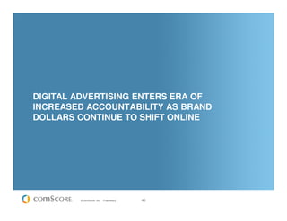 DIGITAL ADVERTISING ENTERS ERA OF
INCREASED ACCOUNTABILITY AS BRAND
DOLLARS CONTINUE TO SHIFT ONLINE




        © comScore, Inc.   Proprietary.   40
 