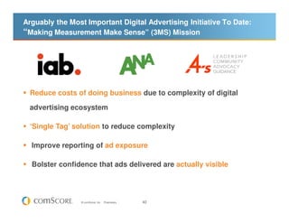 Arguably the Most Important Digital Advertising Initiative To Date:
“Making Measurement Make Sense” (3MS) Mission




 Reduce costs of doing business due to complexity of digital

 advertising ecosystem

 ‘Single Tag’ solution to reduce complexity

  Improve reporting of ad exposure

  Bolster confidence that ads delivered are actually visible




                 © comScore, Inc.   Proprietary.   43
 