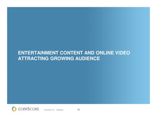 ENTERTAINMENT CONTENT AND ONLINE VIDEO
ATTRACTING GROWING AUDIENCE




        © comScore, Inc.   Proprietary.   28
 