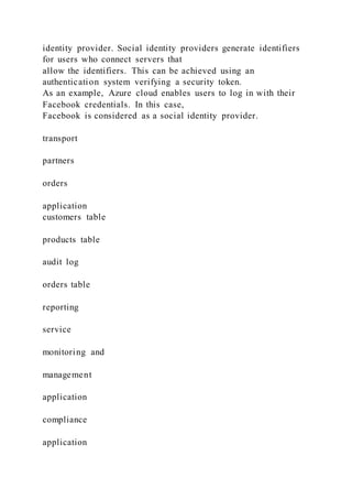 identity provider. Social identity providers generate identifiers
for users who connect servers that
allow the identifiers. This can be achieved using an
authentication system verifying a security token.
As an example, Azure cloud enables users to log in with their
Facebook credentials. In this case,
Facebook is considered as a social identity provider.
transport
partners
orders
application
customers table
products table
audit log
orders table
reporting
service
monitoring and
management
application
compliance
application
 