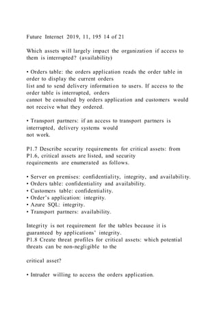 Future Internet 2019, 11, 195 14 of 21
Which assets will largely impact the organization if access to
them is interrupted? (availability)
• Orders table: the orders application reads the order table in
order to display the current orders
list and to send delivery information to users. If access to the
order table is interrupted, orders
cannot be consulted by orders application and customers would
not receive what they ordered.
• Transport partners: if an access to transport partners is
interrupted, delivery systems would
not work.
P1.7 Describe security requirements for critical assets: from
P1.6, critical assets are listed, and security
requirements are enumerated as follows.
• Server on premises: confidentiality, integrity, and availabili ty.
• Orders table: confidentiality and availability.
• Customers table: confidentiality.
• Order’s application: integrity.
• Azure SQL: integrity.
• Transport partners: availability.
Integrity is not requirement for the tables because it is
guaranteed by applications’ integrity.
P1.8 Create threat profiles for critical assets: which potential
threats can be non-negligible to the
critical asset?
• Intruder willing to access the orders application.
 