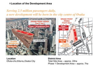 Serving 2.5 million passengers daily, 
a new development will be born in the city centre of Osaka 
Umekita 
24ha(59.3ac.) 
GRAND FRONT OSAKA 
7ha(17.3ac.) 
ＪＲ Osaka Sta. 
GRAND FRONT 
OSAKA 
7ha(17.3ac.) 
Umekita 
24ha(59.3ac.) 
Location of the Development Area 
Location 
Ofuka-cho,Kita-ku,Osaka City 
District Area 
Total Site Area – approx. 24ha 
Phase 1 Development Area – approx. 7ha 
 