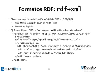 Formatos RDF: rdf+xml<br />El mecanismo de serialización oficial de RDF es RDF/XML<br />Tipo MIME es application/rdf+xml<b...