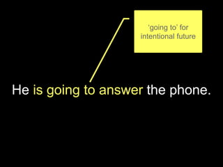 He is going to answer the phone.
‘going to’ for
intentional future
 