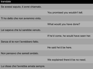translate
Se avessi saputo, ti avrei chiamato.
You promised you wouldn’t tell.
Ti ho detto che non avremmo vinto.
What would you have done?
Lei sapeva che lui sarebbe venuto.
If he’d come, he would have seen her.
Senza di te non l’avrebbero fatto.
He said he’d be here.
Non pensavo che saresti andato.
We explained there’d be no need.
Lui disse che l’avrebbe amata sempre.
 