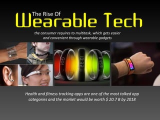 Health and fitness tracking apps are one of the most talked app
categories and the market would be worth $ 20.7 B by 2018
the consumer requires to multitask, which gets easier
and convenient through wearable gadgets
 