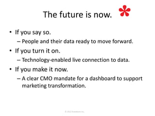 The future is now.
• If you say so.
   – People and their data ready to move forward.
• If you turn it on.
   – Technology-enabled live connection to data.
• If you make it now.
   – A clear CMO mandate for a dashboard to support
     marketing transformation.
 