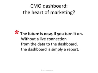 CMO dashboard:
 the heart of marketing?


The future is now, if you turn it on.
Without a live connection
from the data to the dashboard,
the dashboard is simply a report.
 