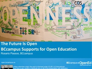open.bccampus.ca
Unless otherwise noted, this work is licensed under CC-BY. 4.0 International.
Feel free to use, modify or distribute any or all of this presentation with attribution.
The Future Is Open
BCcampus Supports for Open Education
Rosario Passos, BCcampus
 