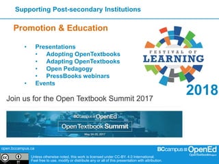 open.bccampus.ca
Unless otherwise noted, this work is licensed under CC-BY. 4.0 International.
Feel free to use, modify or distribute any or all of this presentation with attribution.
Supporting Post-secondary Institutions
Unless otherwise noted, this work is licensed under CC-BY. 4.0 International.
Feel free to use, modify or distribute any or all of this presentation with attribution.
Promotion & Education
• Presentations
• Adopting OpenTextbooks
• Adapting OpenTextbooks
• Open Pedagogy
• PressBooks webinars
• Events
2018
 
