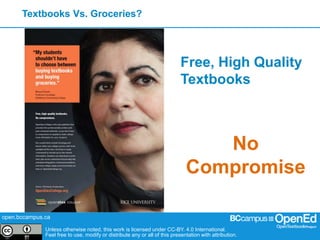 open.bccampus.ca
Unless otherwise noted, this work is licensed under CC-BY. 4.0 International.
Feel free to use, modify or distribute any or all of this presentation with attribution.
Textbooks Vs. Groceries?
Unless otherwise noted, this work is licensed under CC-BY. 4.0 International.
Feel free to use, modify or distribute any or all of this presentation with attribution.
Free, High Quality
Textbooks
No
Compromise
 