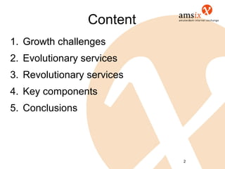 Content
1. Growth challenges
2. Evolutionary services
3. Revolutionary services
4. Key components
5. Conclusions




                            2
 